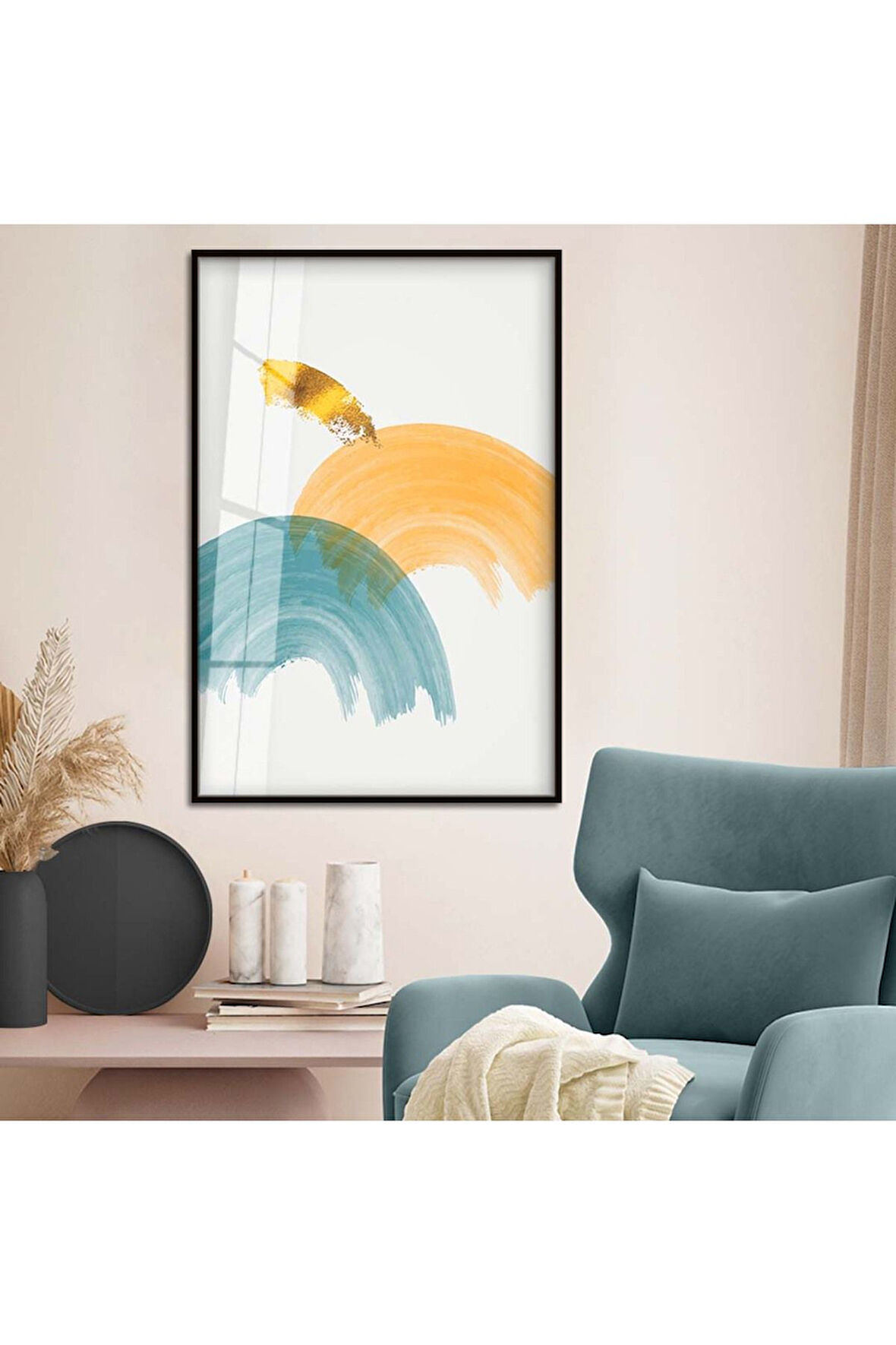 Gold Metal Çerçeveli Modern Çizim Soyut Tema Kırılmaz Cam Tablo