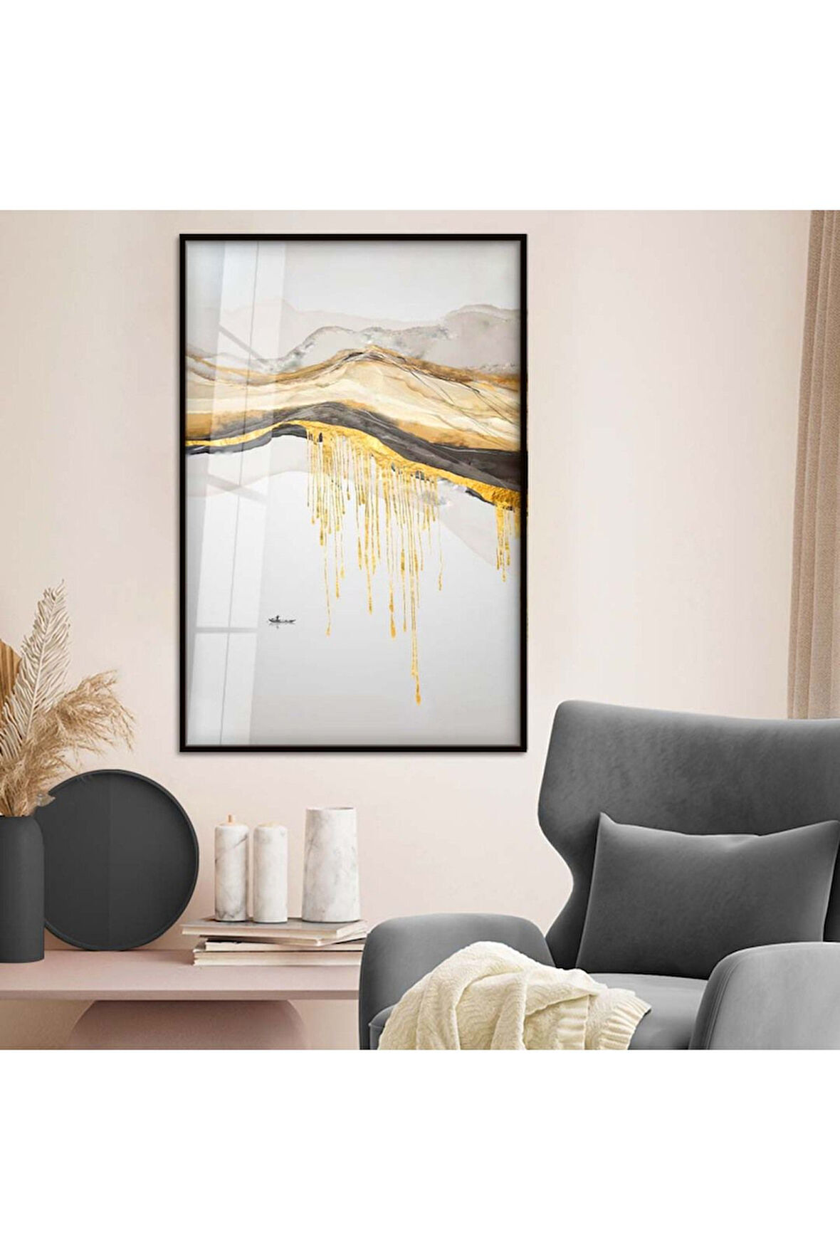 Gümüş Metal Çerçeveli Kolaj Çizim Soyut Tema Kırılmaz Cam Tablo