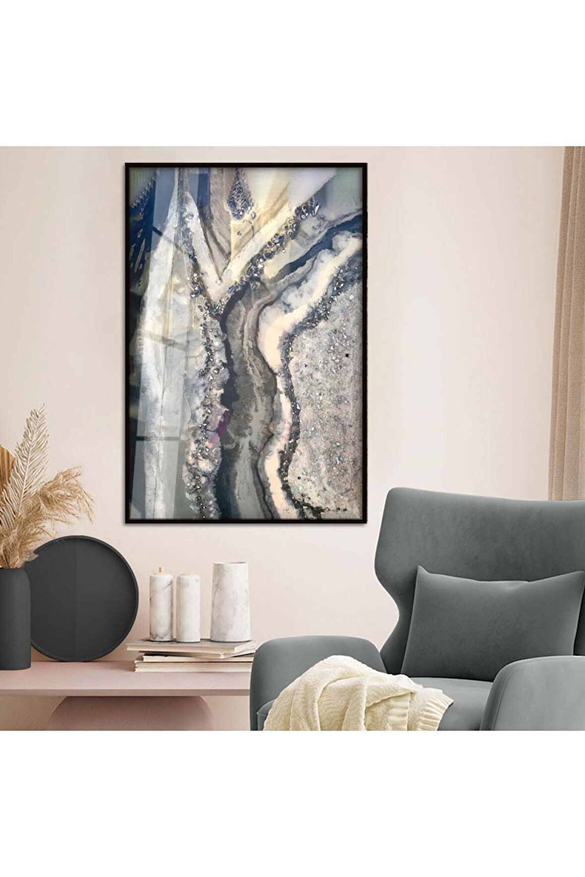 Gümüş Metal Çerçeveli Soyut Çizim Kırılmaz Cam Tablo
