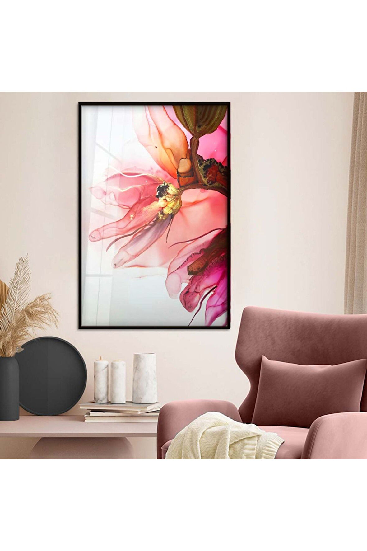 Gümüş Metal Çerçeveli Renkli Çiçek Modern Çizim Kırılmaz Cam Tablo