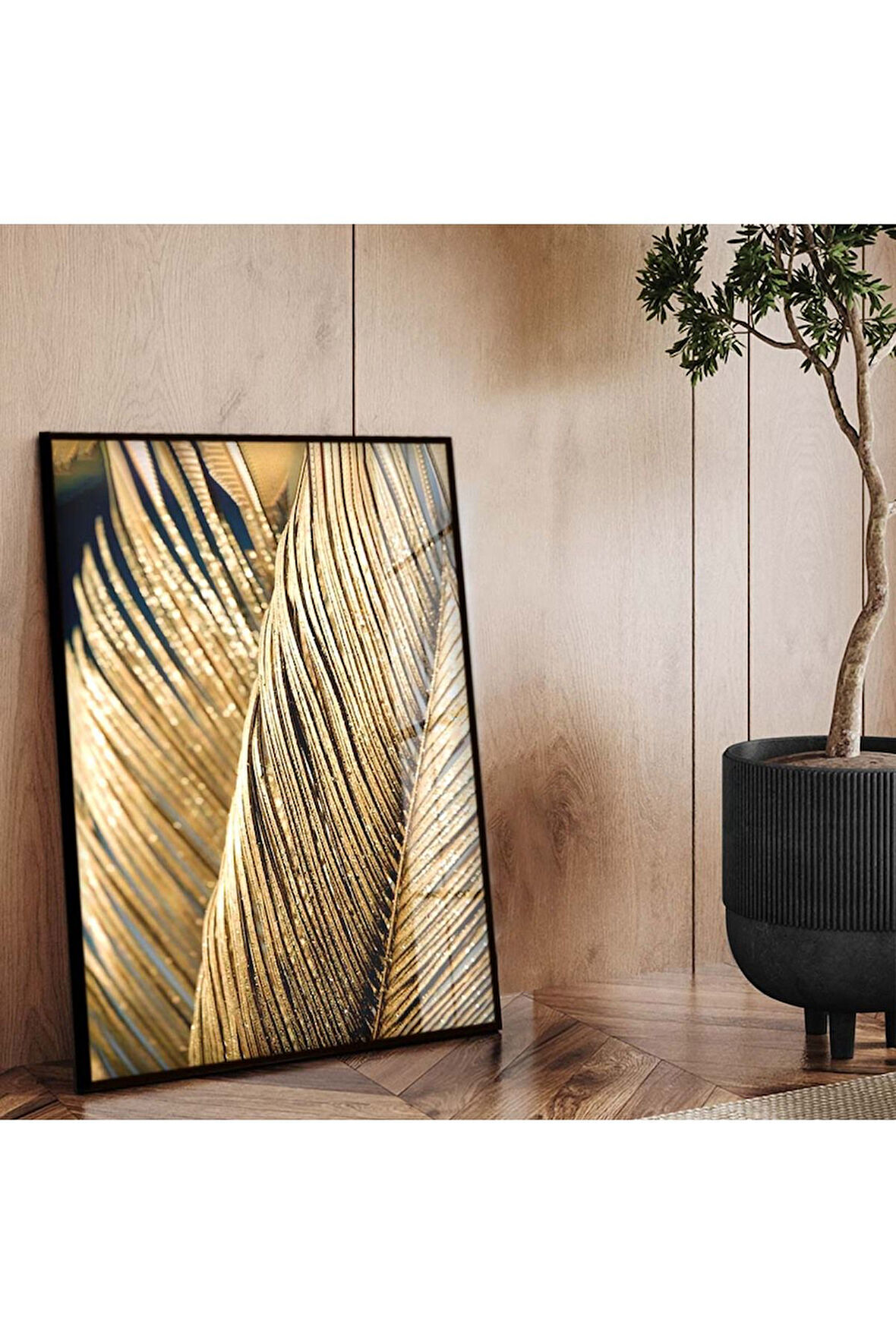 Siyah Metal Çerçeveli Modern Çizim Gold Yaprak Tema Kırılmaz Cam Tablo
