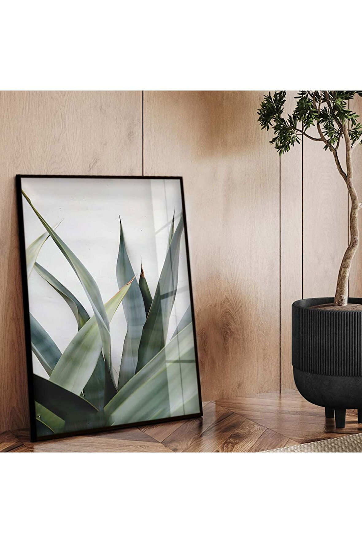 Siyah Metal Çerçeveli Yaprak Desen Kırılmaz Cam Tablo