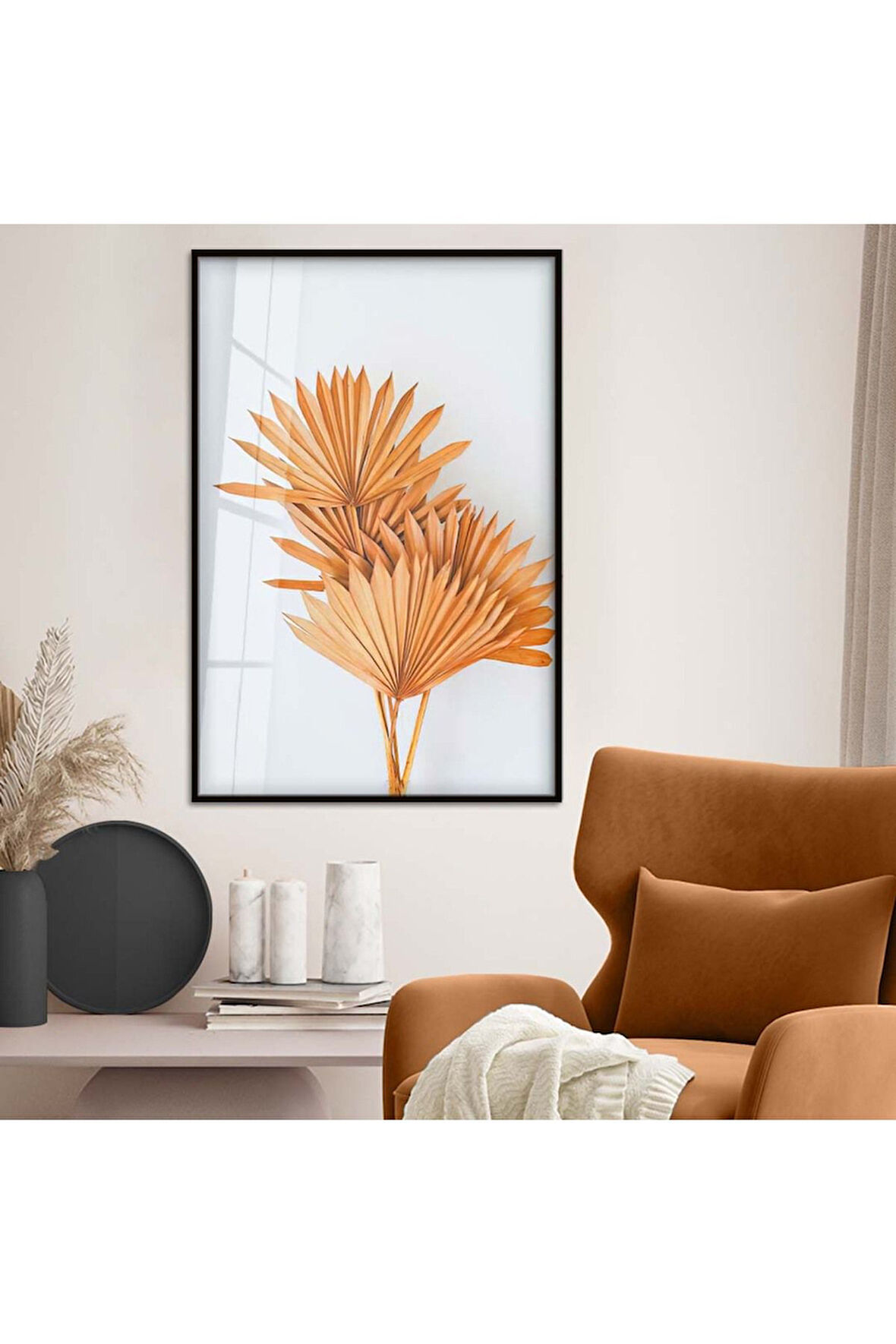 Gold Metal Çerçeveli Modern Çizim Renkli Yaprak Kırılmaz Cam Tablo