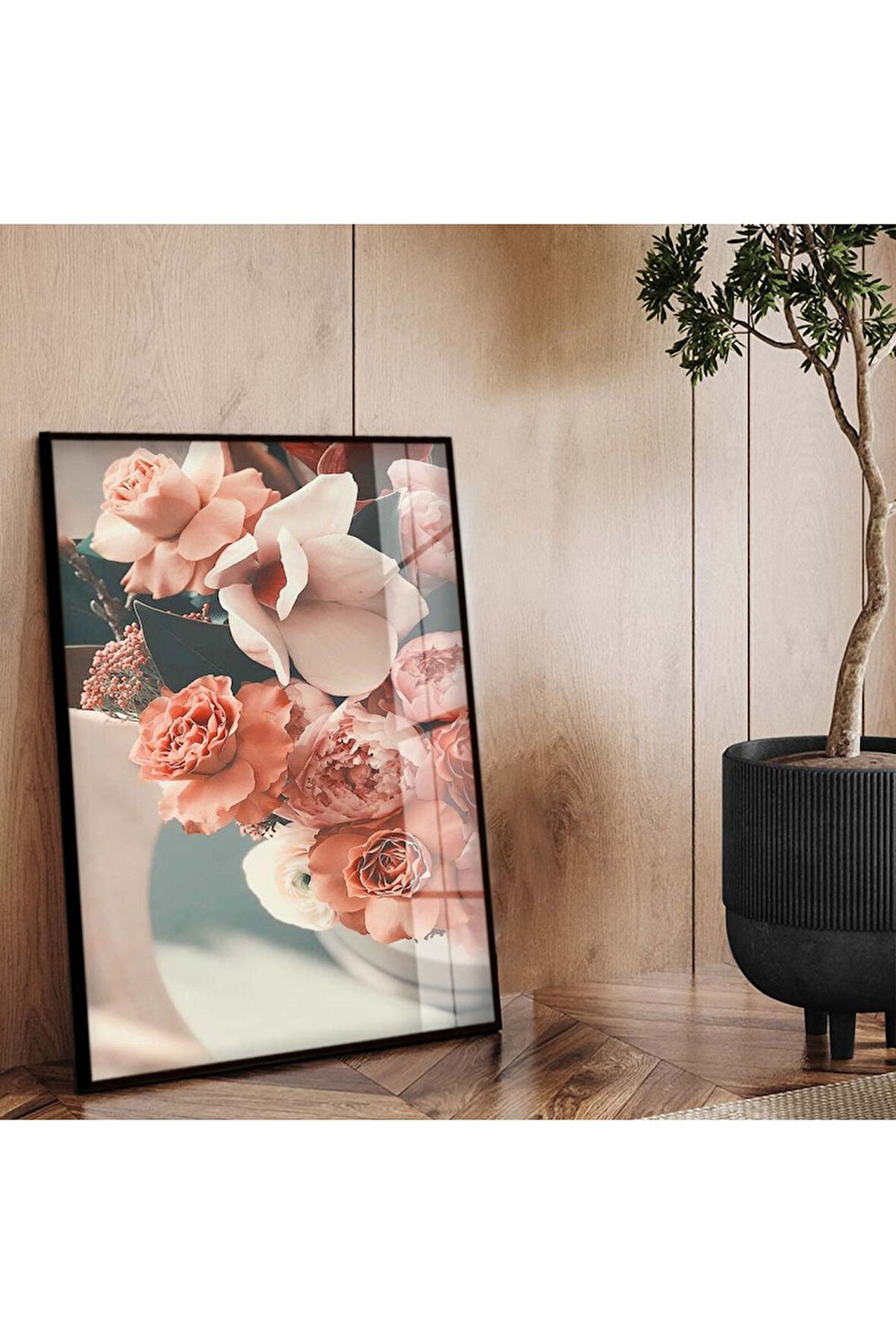 Siyah Metal Çerçeveli Renkli Çiçek Buketi Kırılmaz Cam Tablo