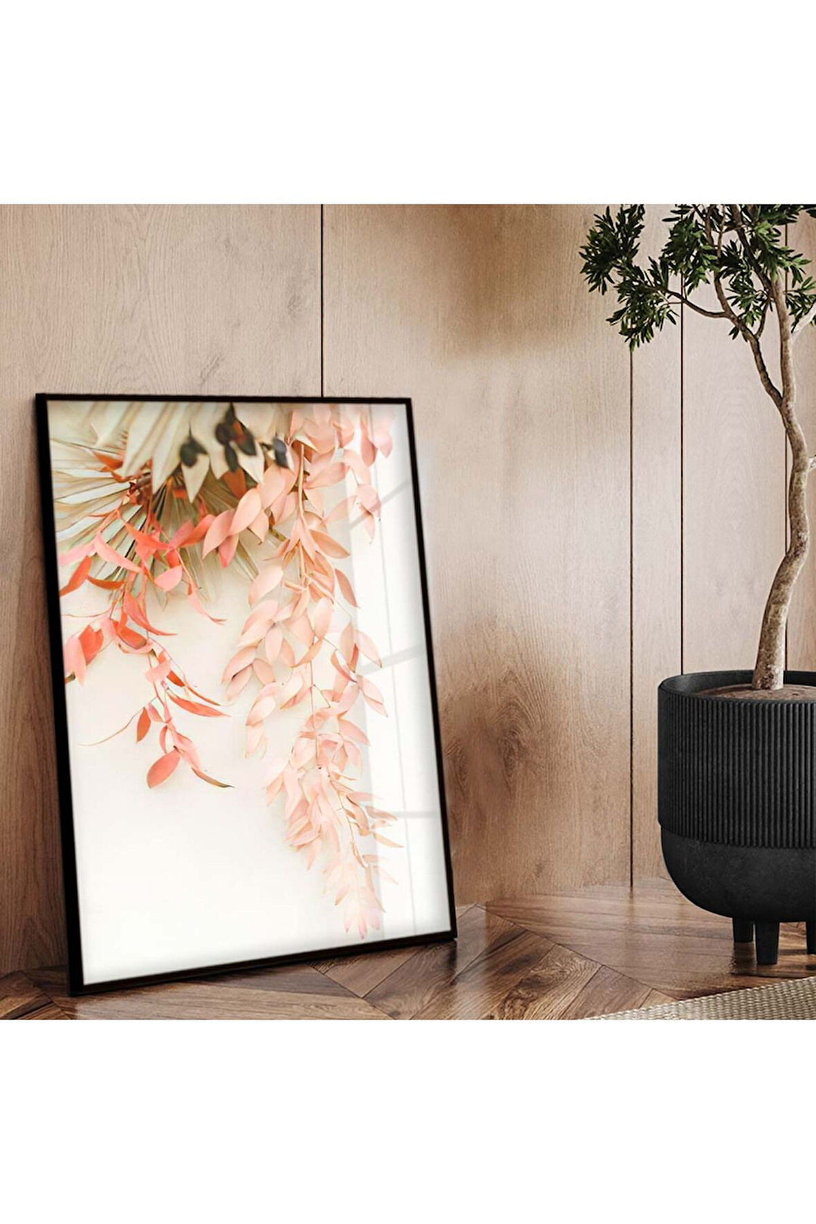 Siyah Metal Çerçeveli Yaprak Desen Kırılmaz Cam Tablo