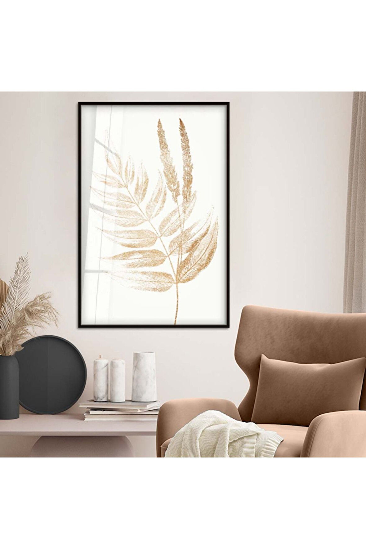 Gold Metal Çerçeveli Yaprak Desen Kırılmaz Cam Tablo