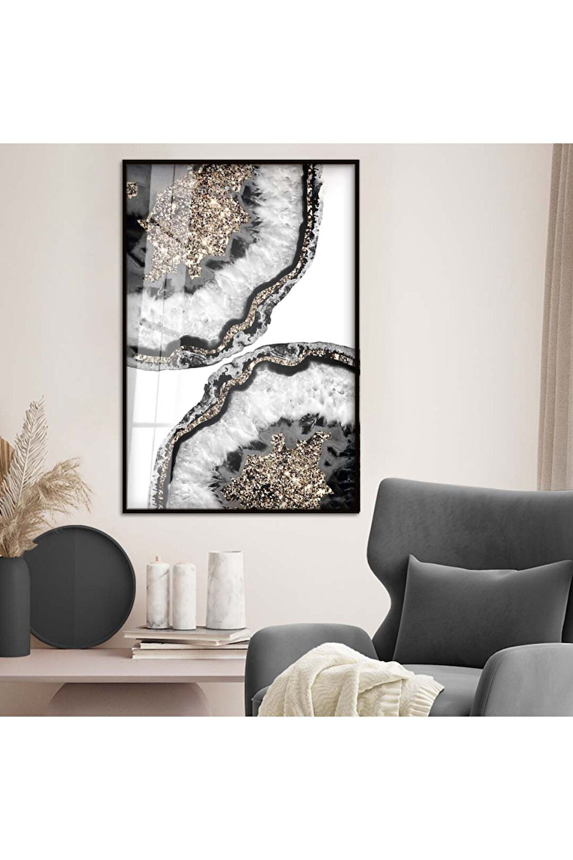 Gold Metal Çerçeveli Soyut Tema Modern Çizim Kırılmaz Cam Tablo