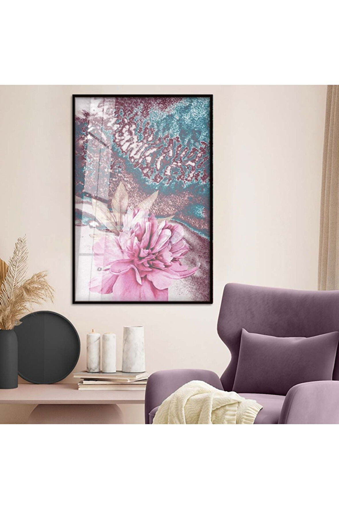 Gold Metal Çerçeveli Çiçek Desen Modern Çizim Kırılmaz Cam Tablo