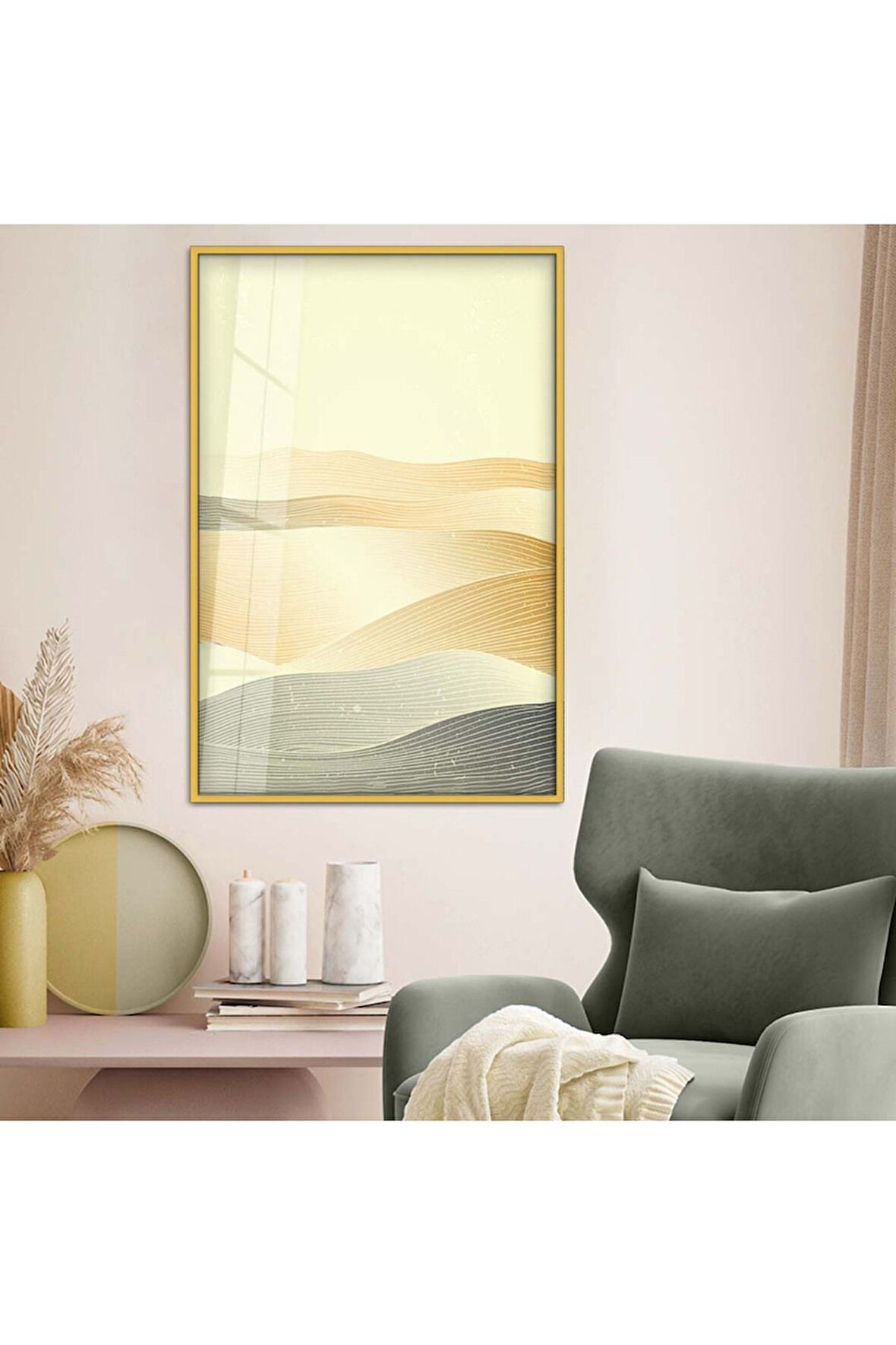 Gümüş Metal Çerçeveli Kolaj Çizim Soyut Tema Kırılmaz Cam Tablo