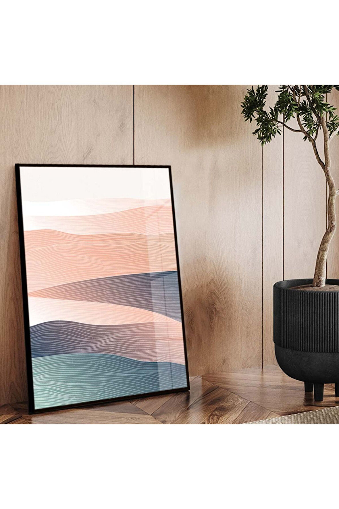 Siyah Metal Çerçeveli Kolaj Çizim Soyut Tema Kırılmaz Cam Tablo