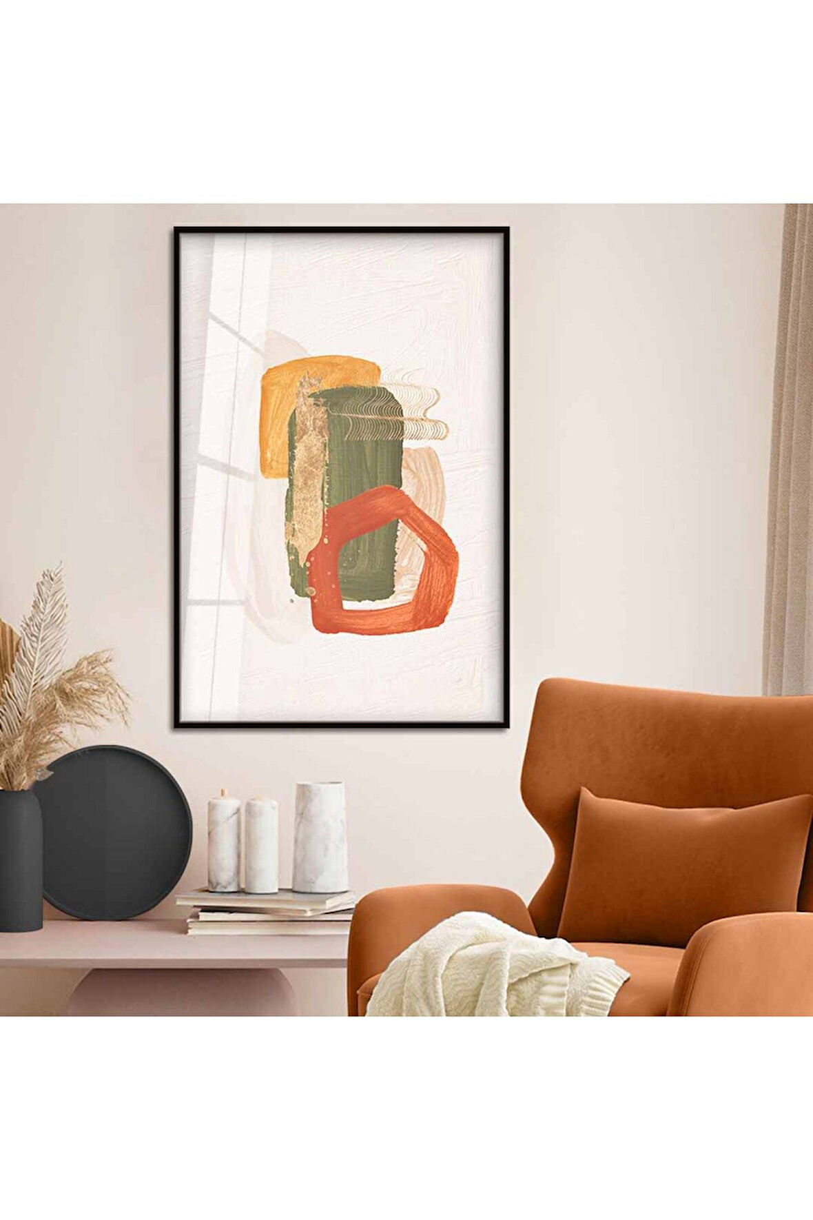 Gold Metal Çerçeveli Soyut Tema Modern Çizim Kırılmaz Cam Tablo