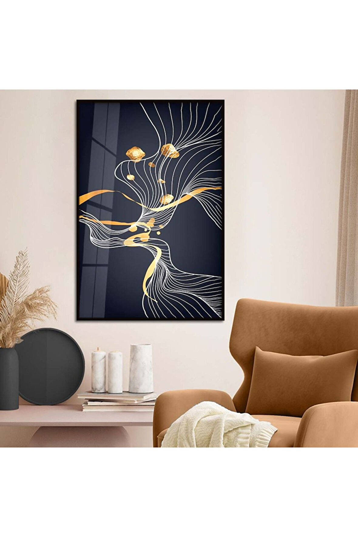 Gold Metal Çerçeveli Kolaj Çizim Kırılmaz Cam Tablo