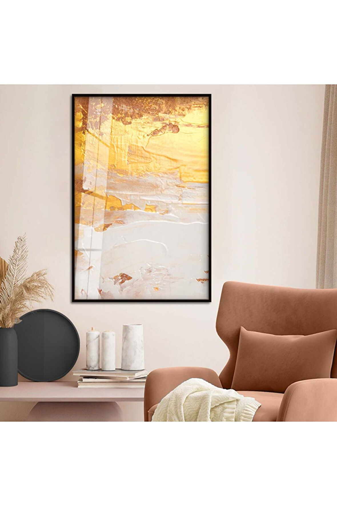 Gold Metal Çerçeveli Soyut Tema Modern Çizim Kırılmaz Cam Tablo