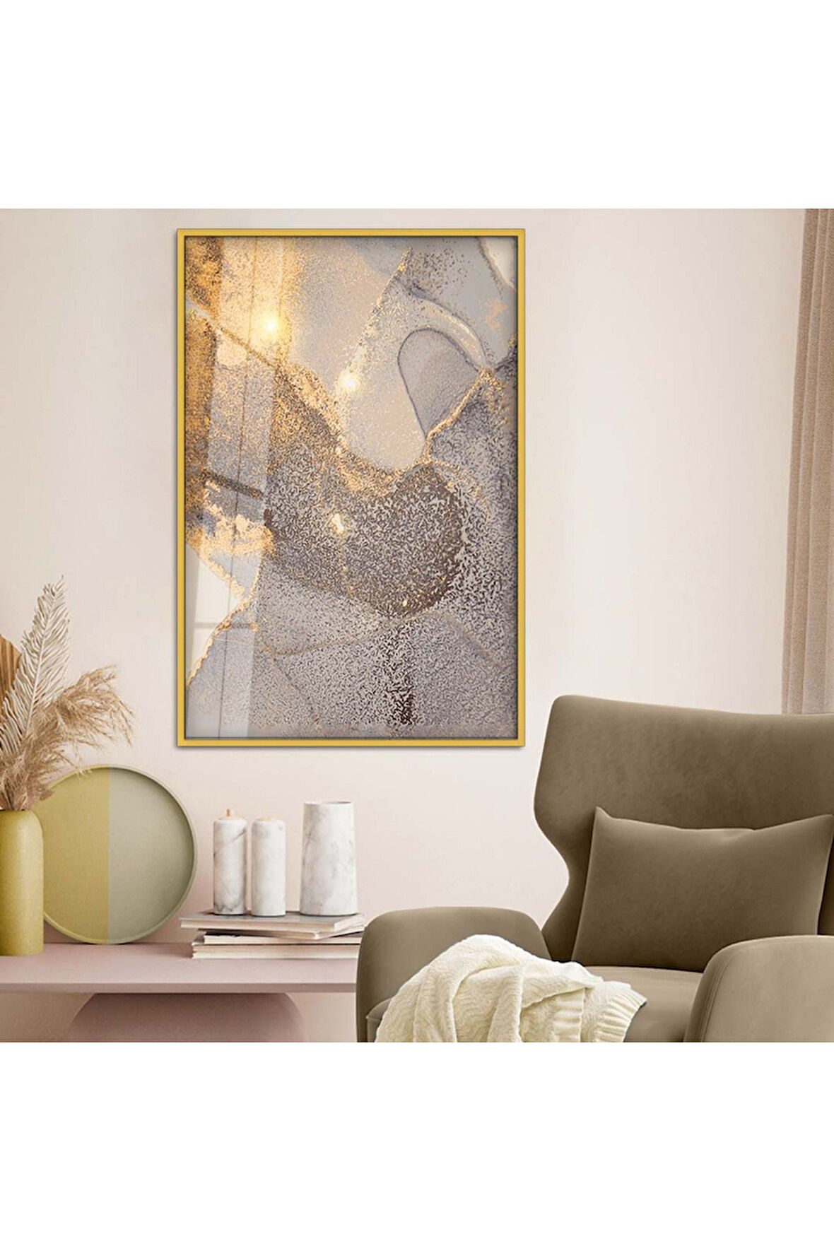 Gümüş Metal Çerçeveli Soyut Tema Modern Çizim Kırılmaz Cam Tablo