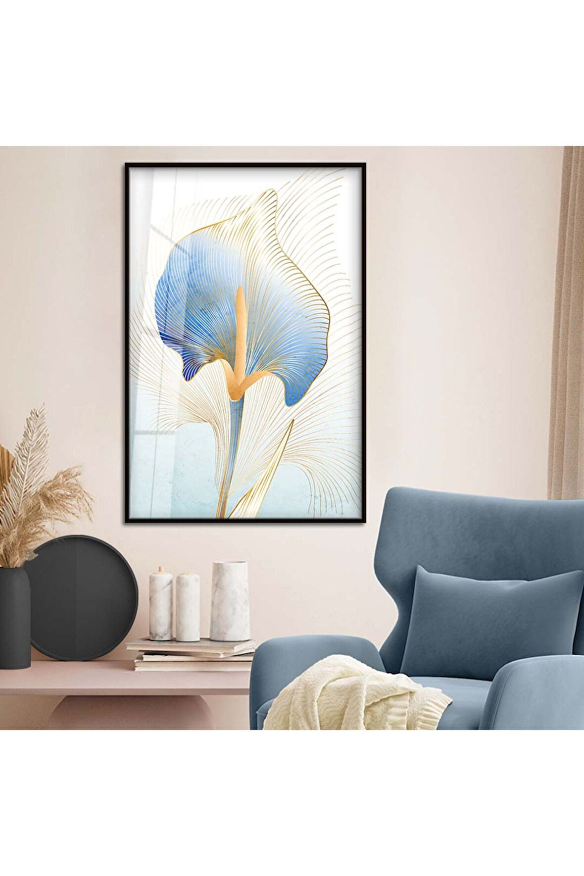 Gümüş Metal Çerçeveli Modern Çizim Çiçek Desen Kırılmaz Cam Tablo