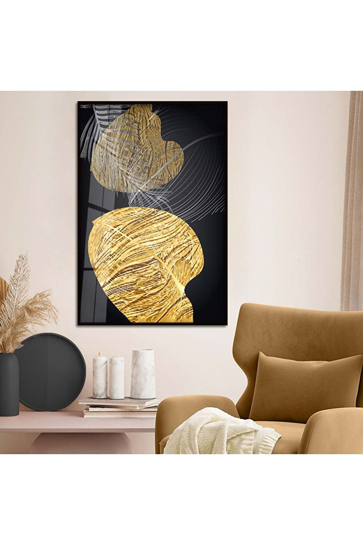 Gümüş Metal Çerçeveli Kolaj Çizim Yaprak Desen Kırılmaz Cam Tablo