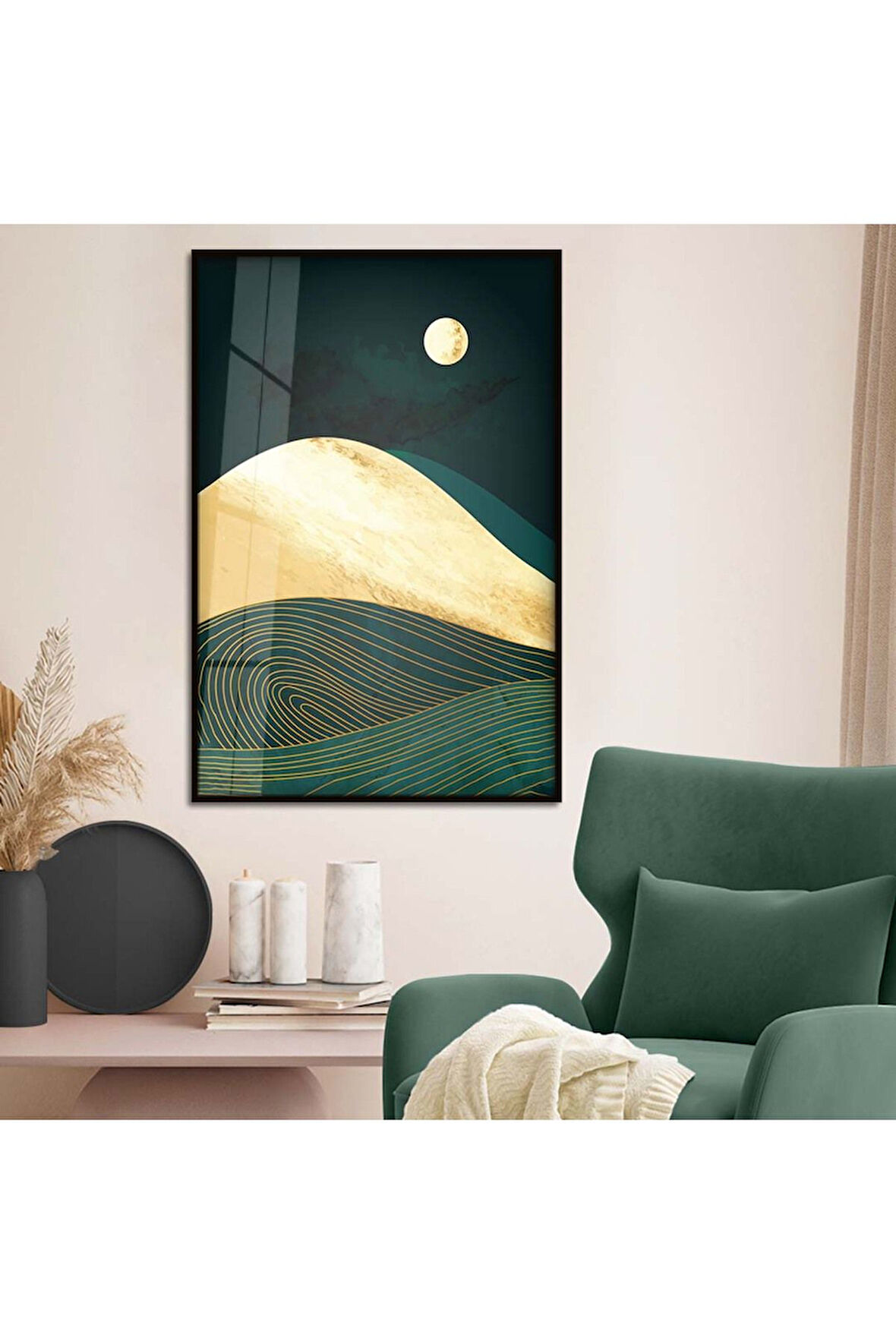 Gold Metal Çerçeveli Kolaj Çizim Doğa Tema Kırılmaz Cam Tablo