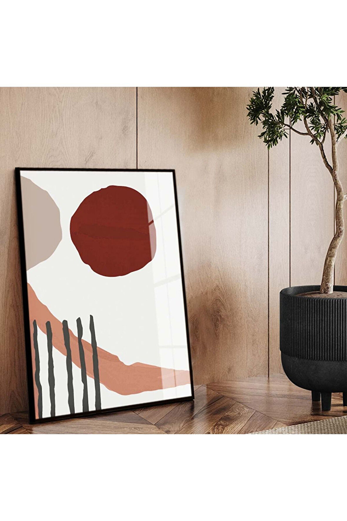 Siyah Metal Çerçeveli Kolaj Çizim Soyut Tema Kırılmaz Cam Tablo