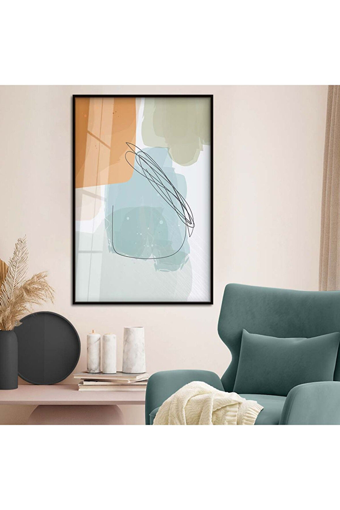 Gold Metal Çerçeveli Kolaj Çizim Soyut Tema Kırılmaz Cam Tablo