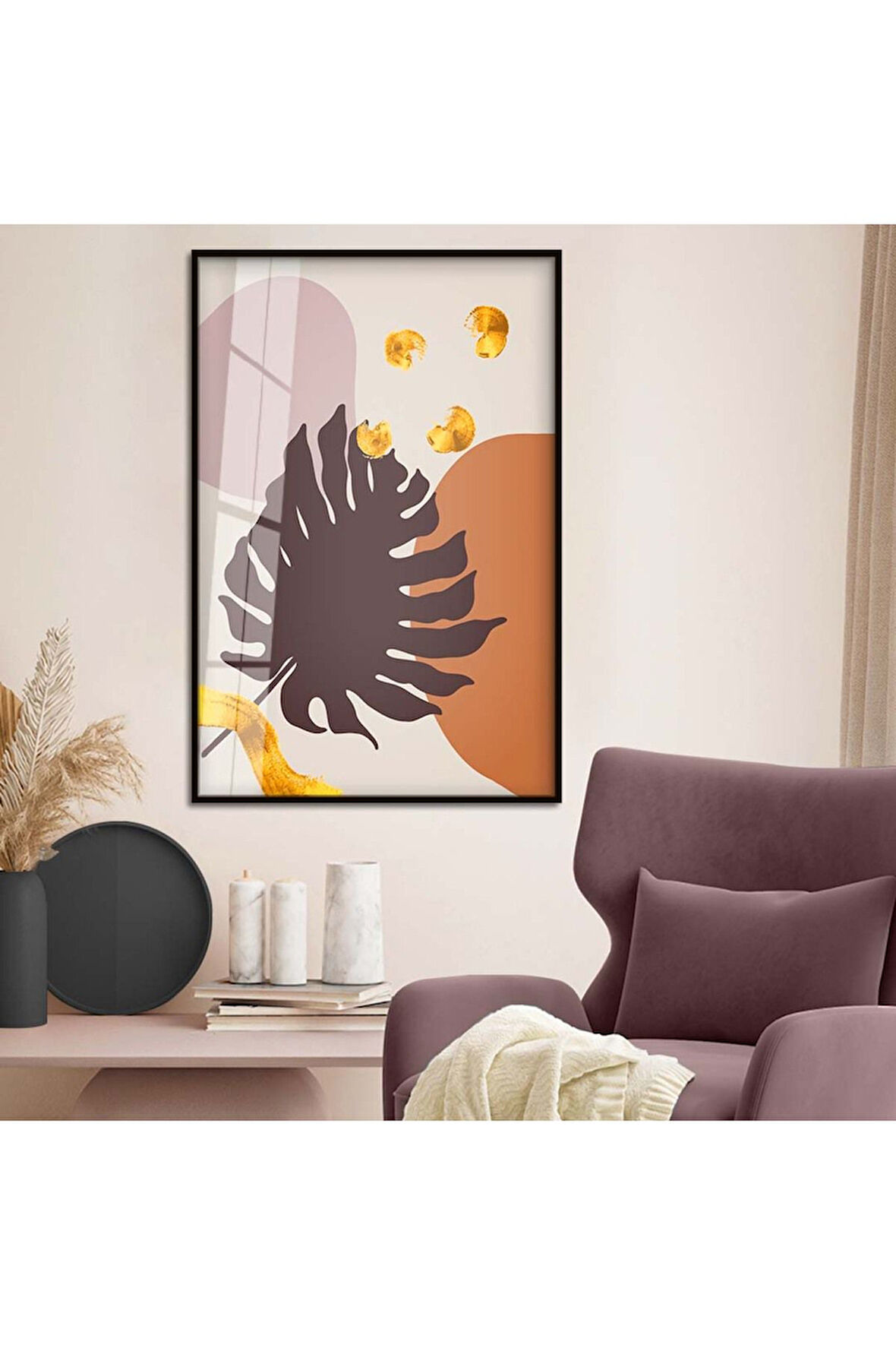 Gümüş Metal Çerçeveli Kolaj Çizim Yaprak Tema Kırılmaz Cam Tablo