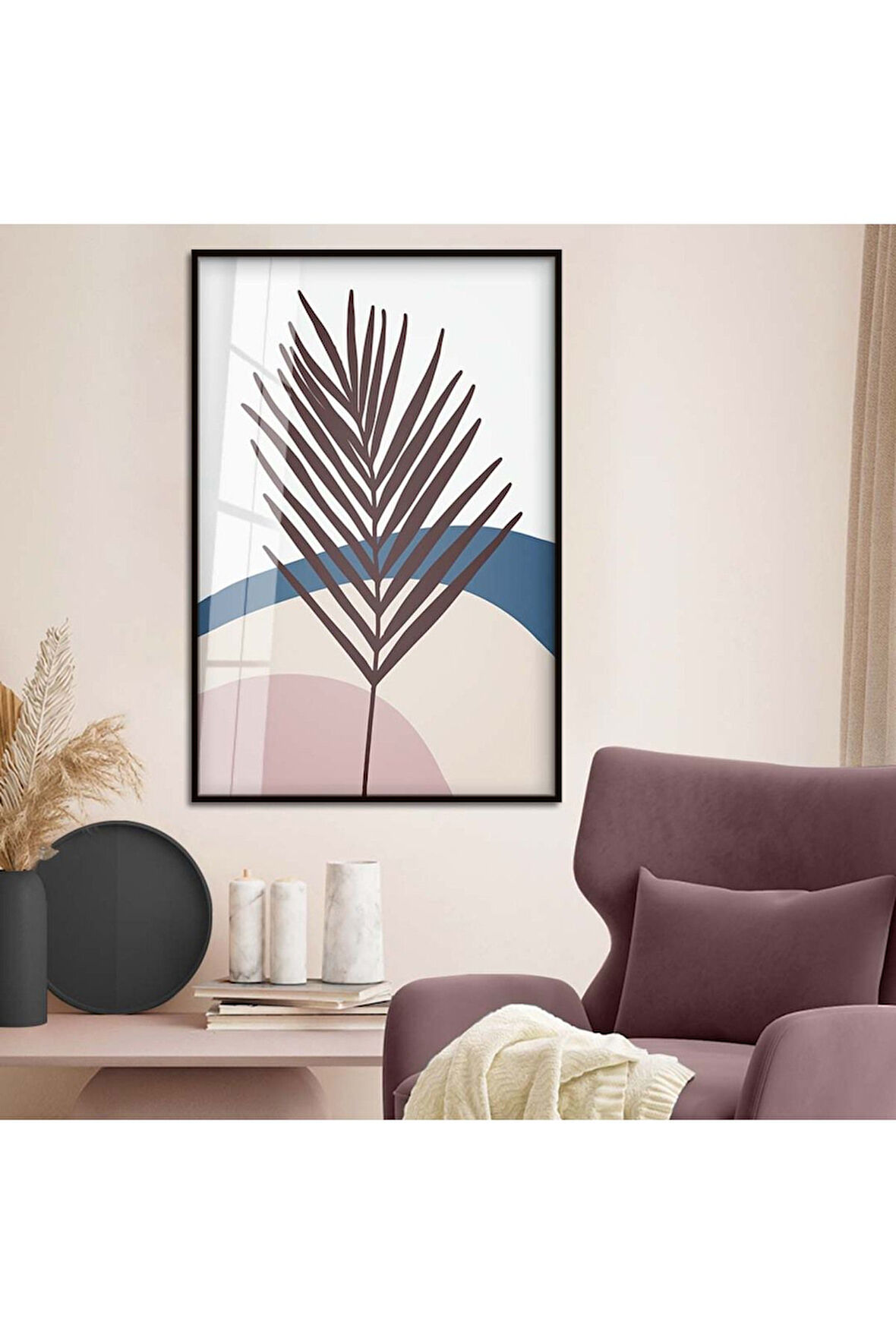 Gold Metal Çerçeveli Kolaj Çizim Yaprak Tema Kırılmaz Cam Tablo