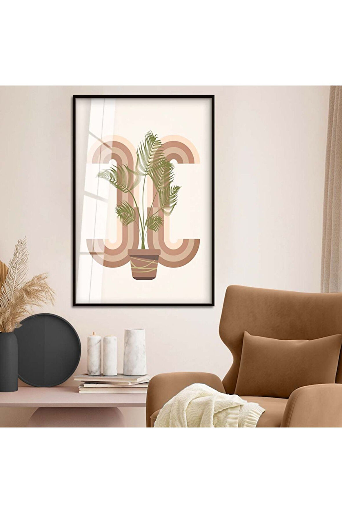 Gümüş Metal Çerçeveli Modern Çizim Bitki Tema Kırılmaz Cam Tablo