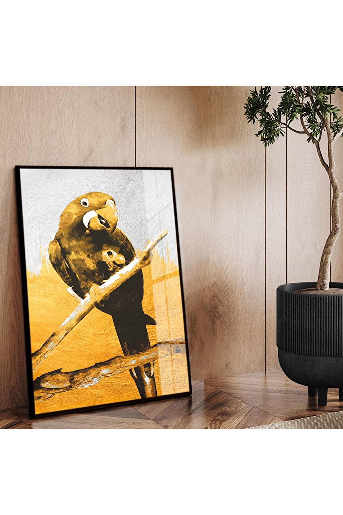 Siyah Metal Çerçeveli Modern Çizim Papağan Figür Kırılmaz Cam Tablo