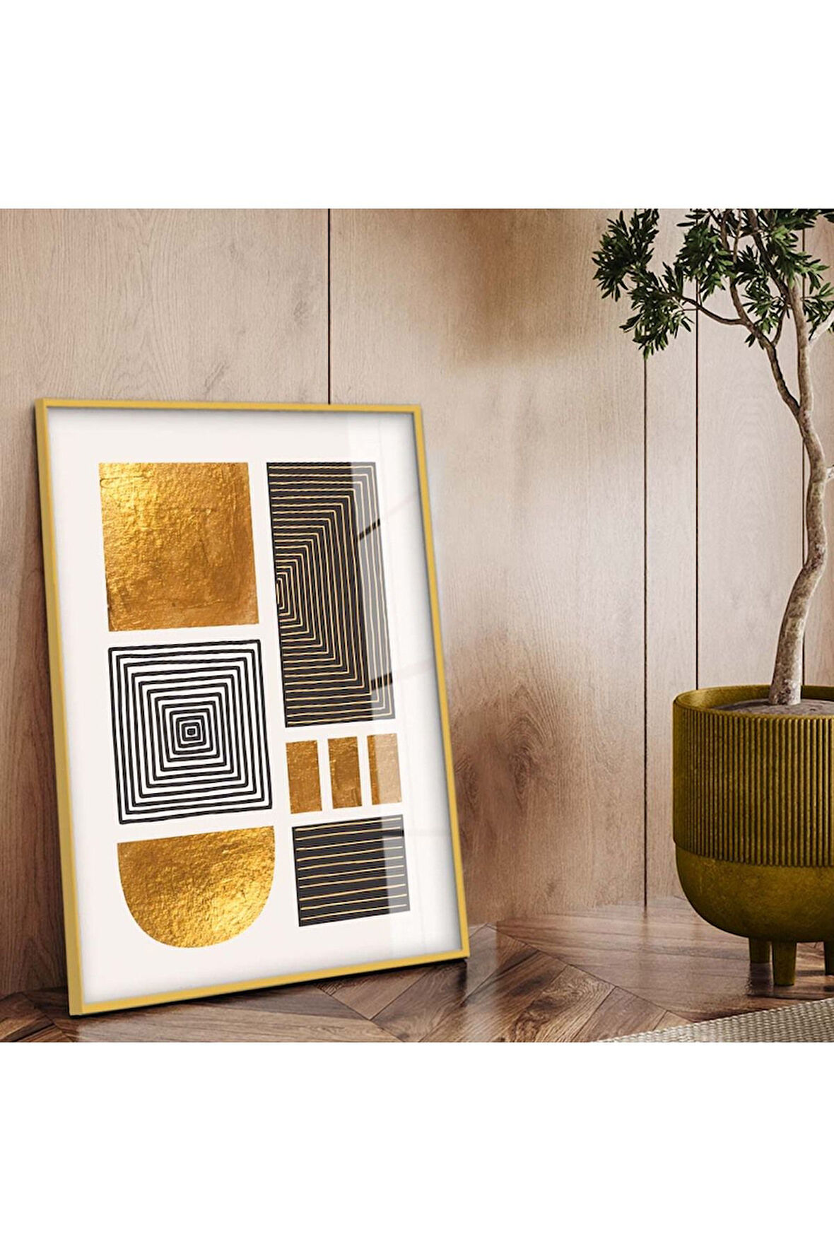 Gold Metal Çerçeveli Geometrik Çizim Soyut Tema Çizim Kırılmaz Cam Tablo
