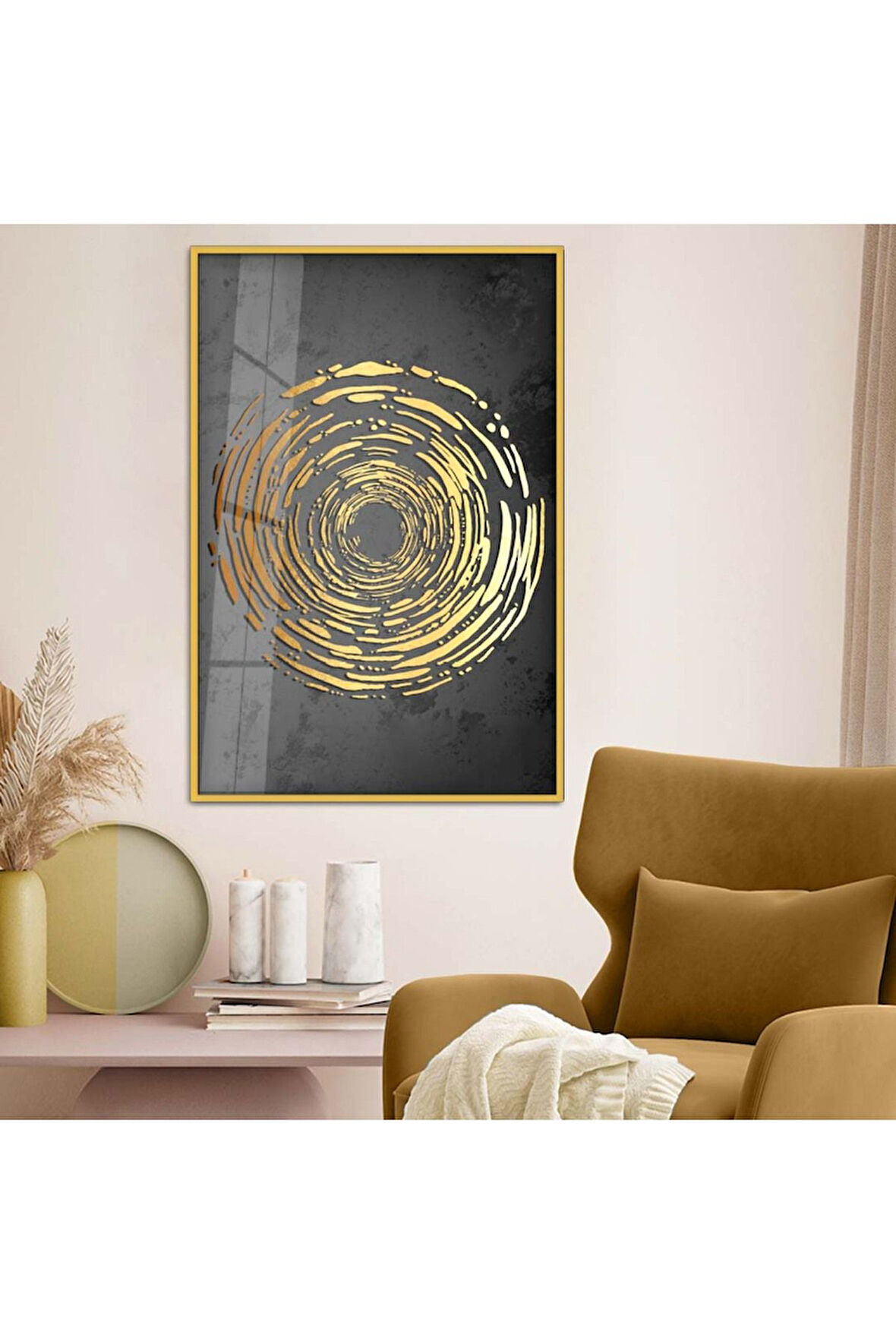 Siyah Metal Çerçeveli Gold Tema Kolaj Çizim Kırılmaz Cam Tablo