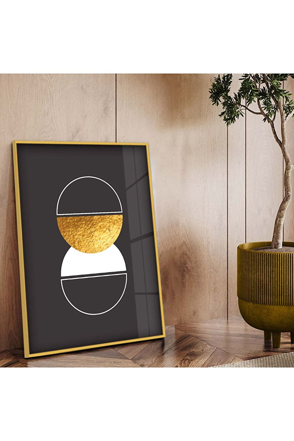 Gold Metal Çerçeveli Geometrik Çizim Soyut Tema Çizim Kırılmaz Cam Tablo