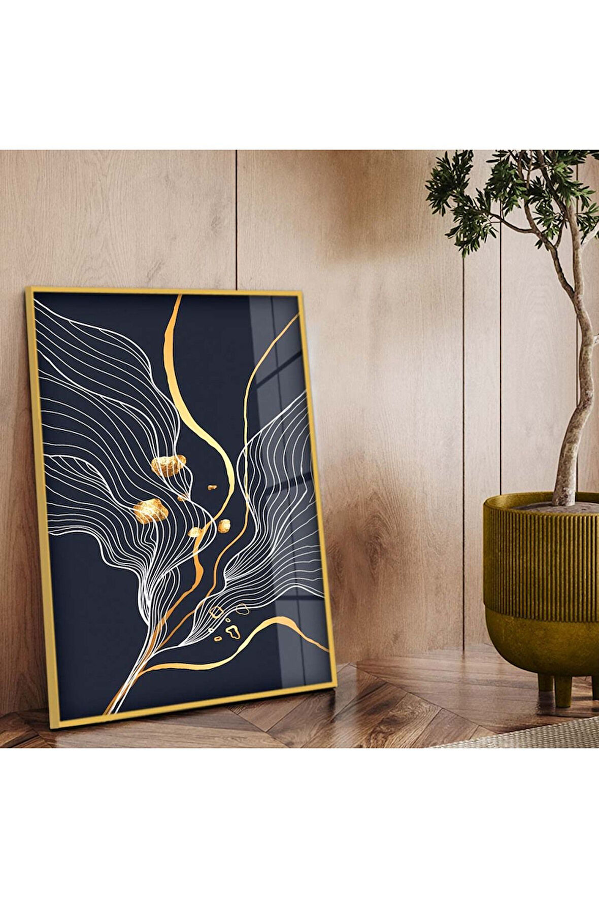 Gold Metal Çerçeveli Kolaj Çizim Kırılmaz Cam Tablo