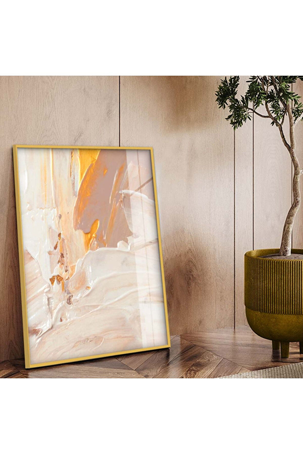 Gold Metal Çerçeveli Soyut Tema Modern Çizim Kırılmaz Cam Tablo