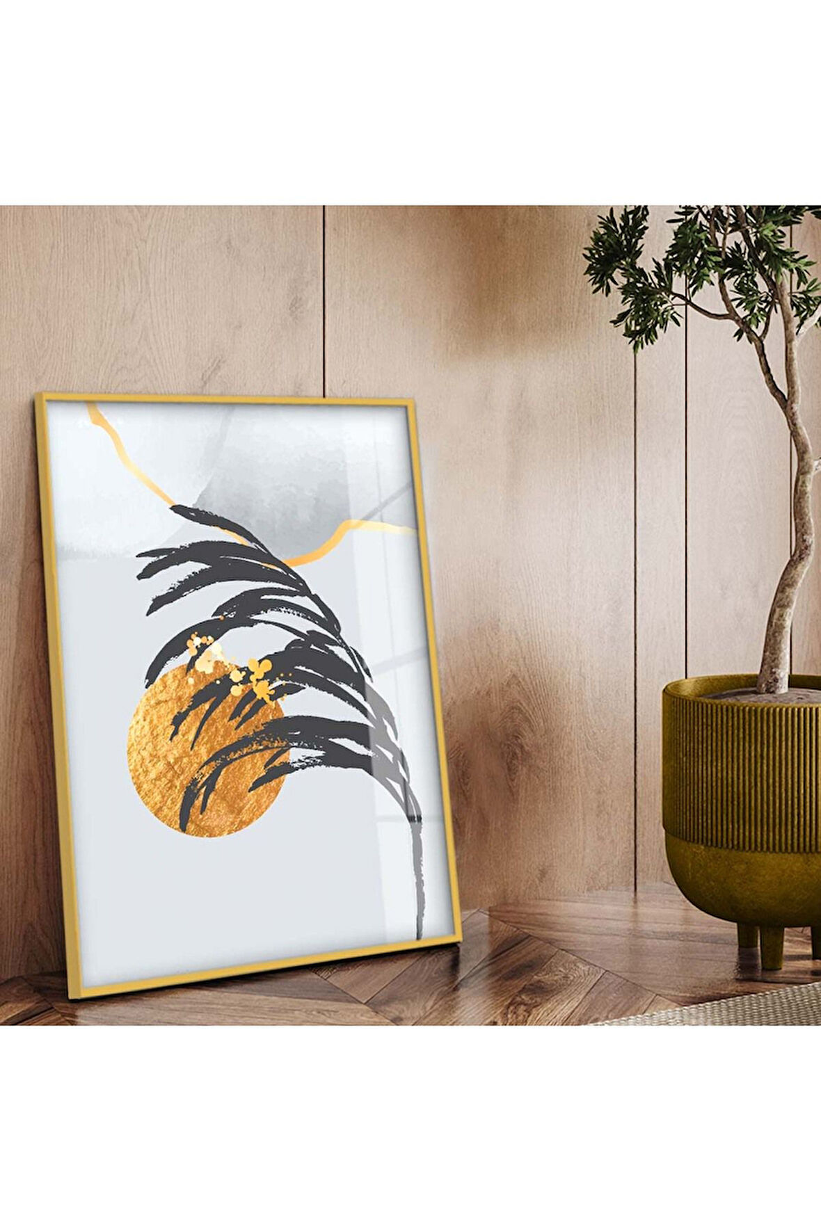 Gold Metal Çerçeveli Kolaj Çizim Yaprak Desen Kırılmaz Cam Tablo