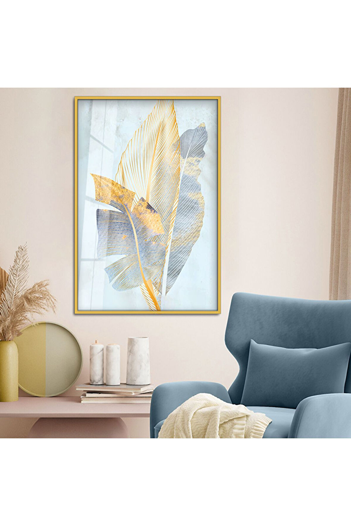 Gümüş Metal Çerçeveli Modern Çizim Yaprak Desen Kırılmaz Cam Tablo
