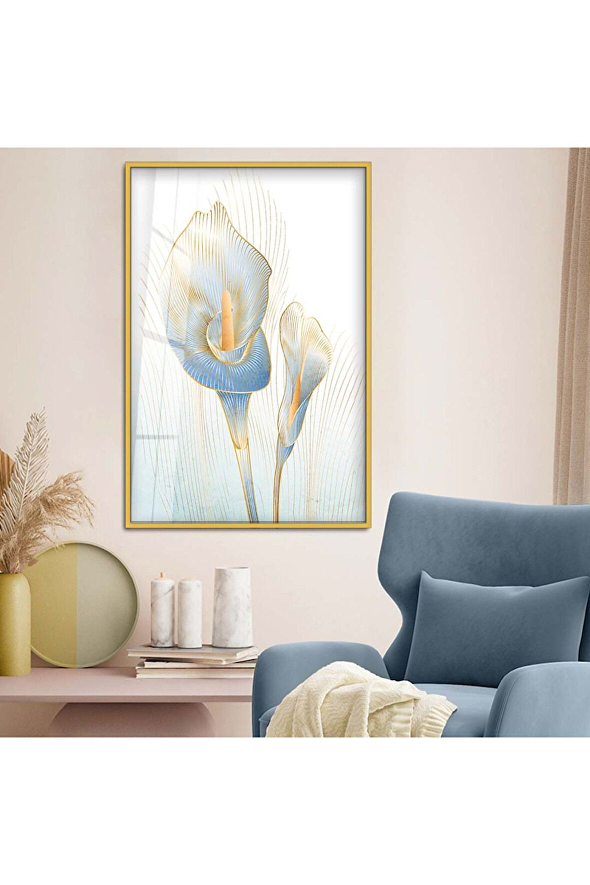 Siyah Metal Çerçeveli Modern Çizim Çiçek Desen Kırılmaz Cam Tablo