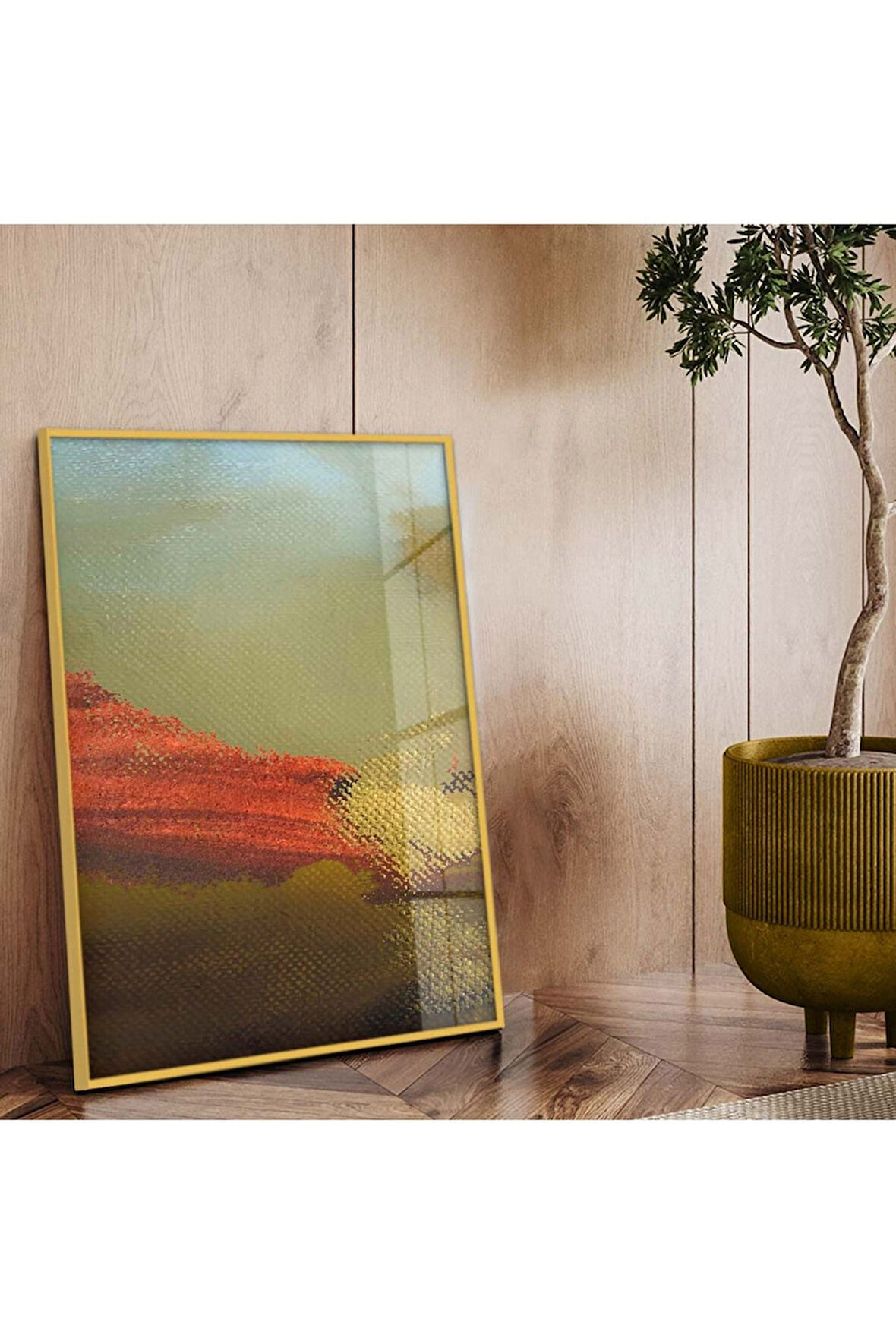 Gold Metal Çerçeveli Modern Çizim Soyut Tema Kırılmaz Cam Tablo