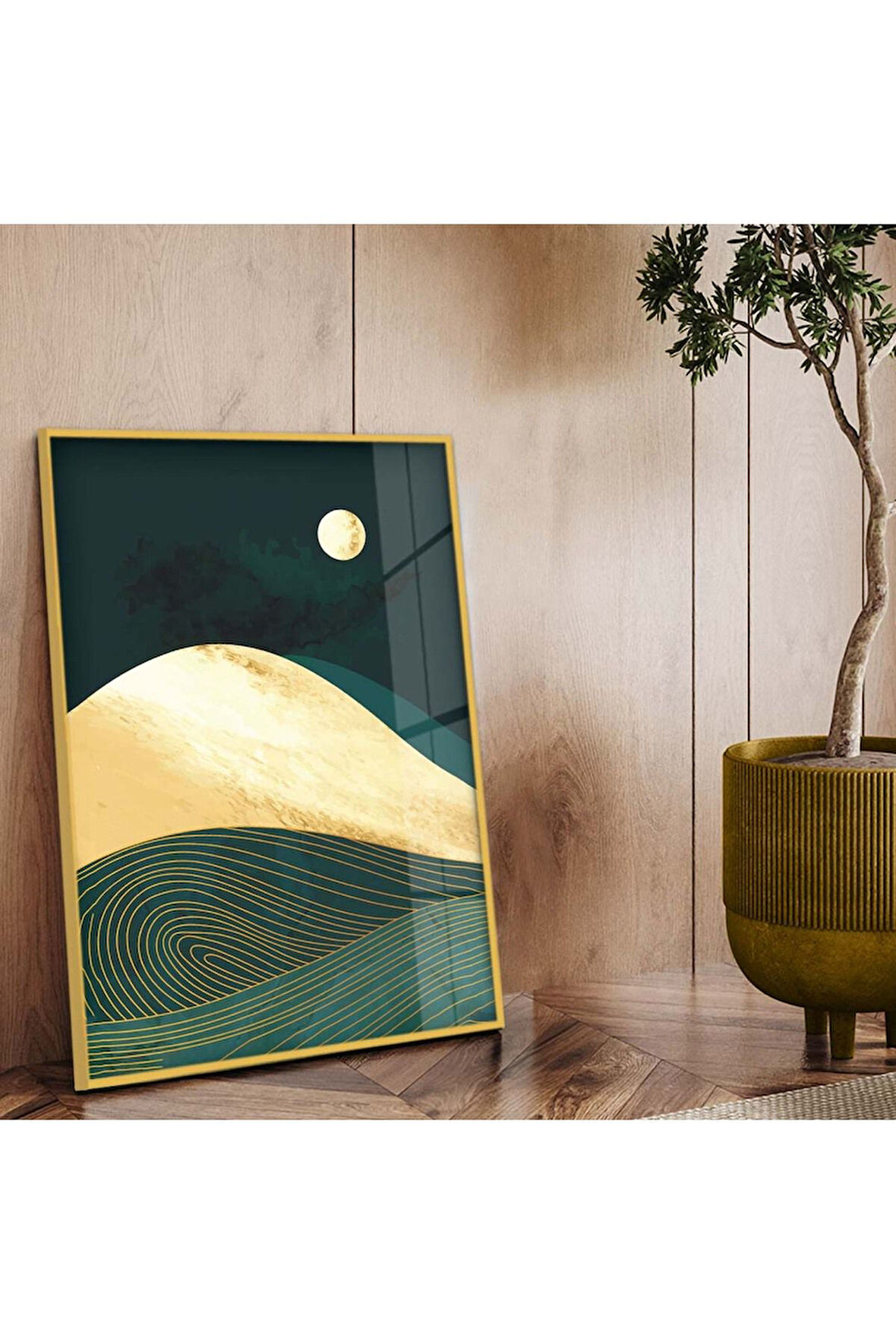 Gold Metal Çerçeveli Kolaj Çizim Doğa Tema Kırılmaz Cam Tablo