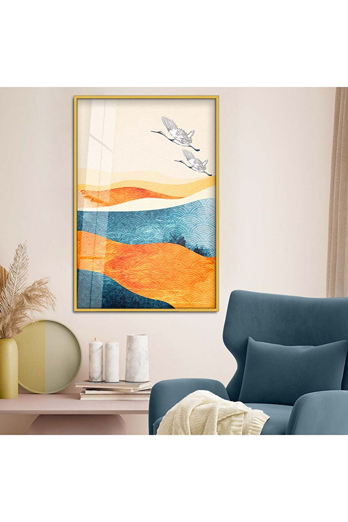 Gümüş Metal Çerçeveli Modern Çizim Kuş Figür Kırılmaz Cam Tablo