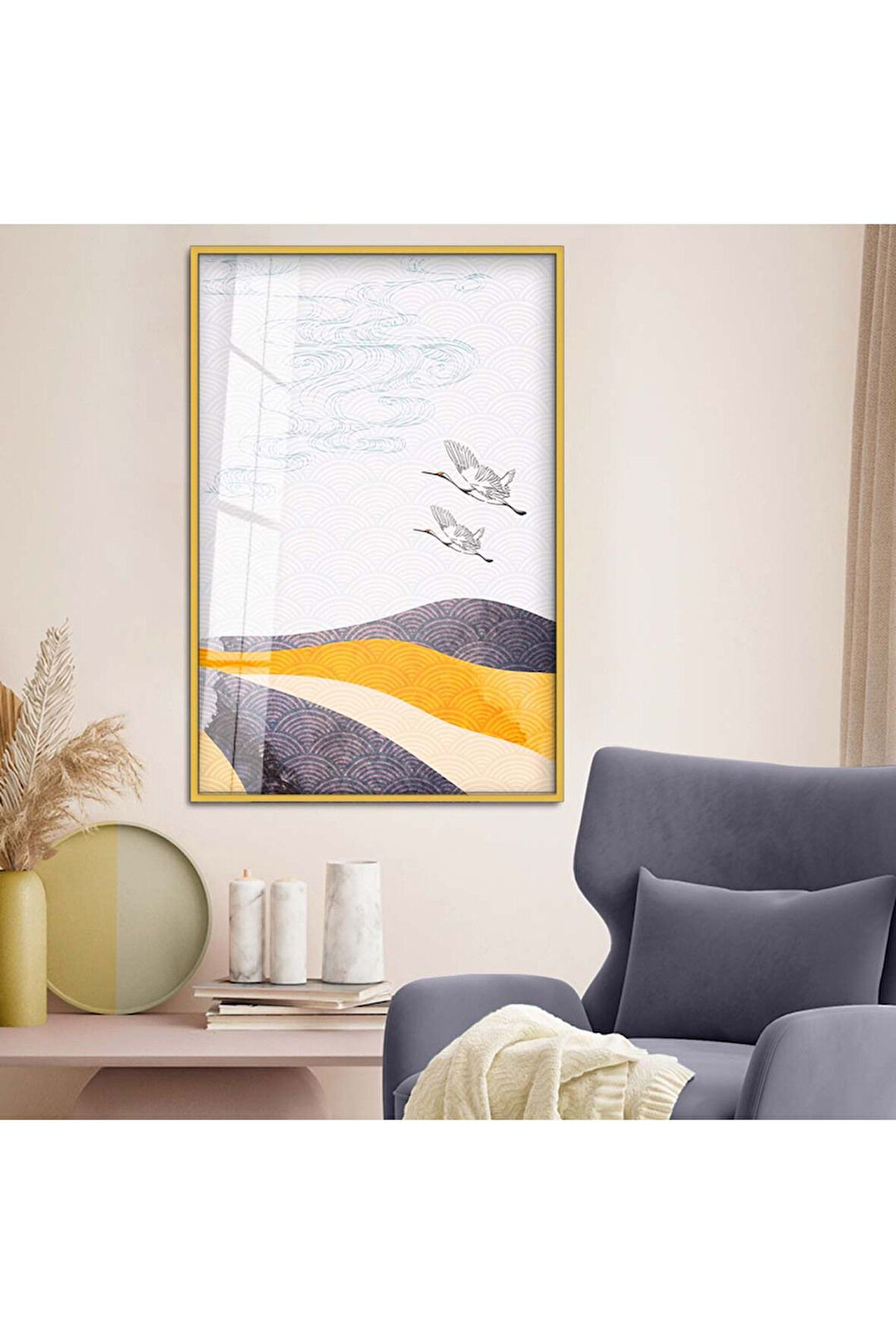 Siyah Metal Çerçeveli Modern Çizim Kuş Figür Kırılmaz Cam Tablo