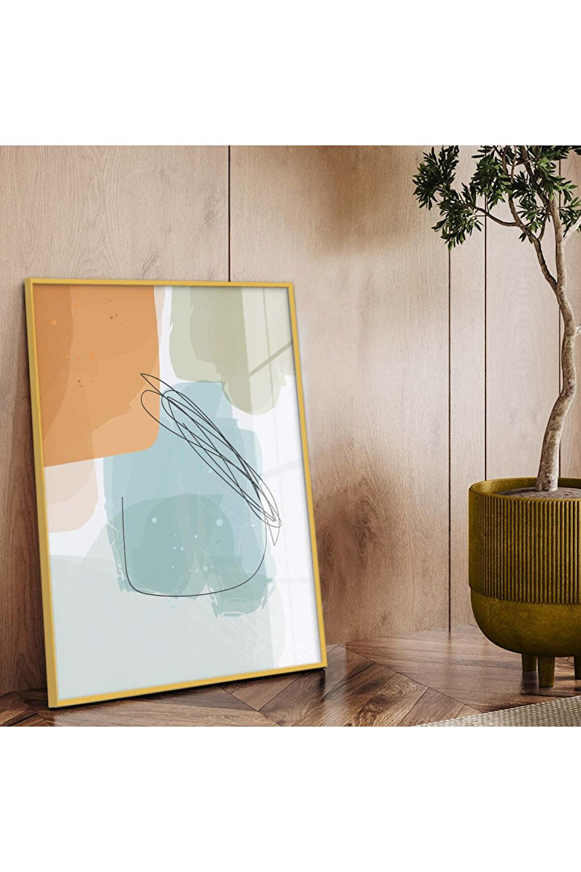 Gold Metal Çerçeveli Kolaj Çizim Soyut Tema Kırılmaz Cam Tablo