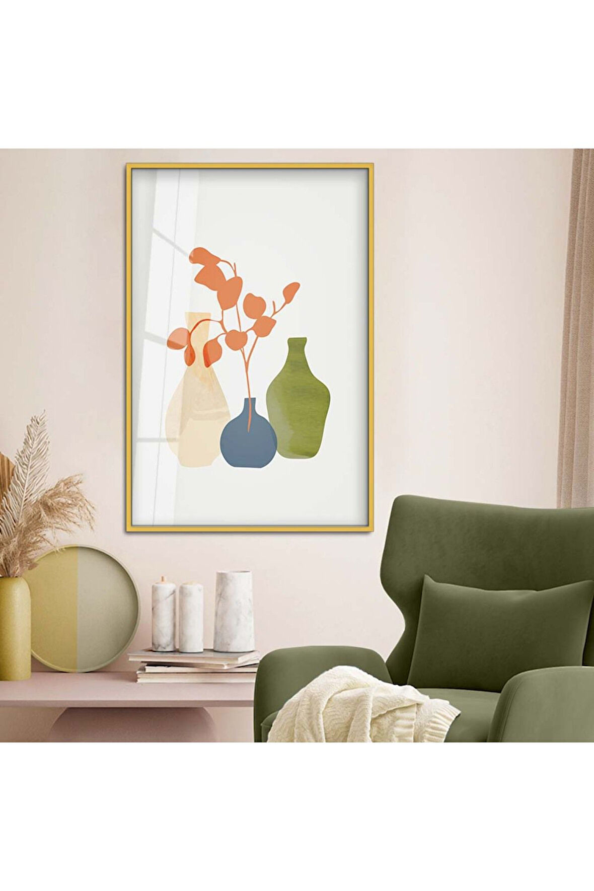 Siyah Metal Çerçeveli Modern Çizim Vazo Tema Kırılmaz Cam Tablo