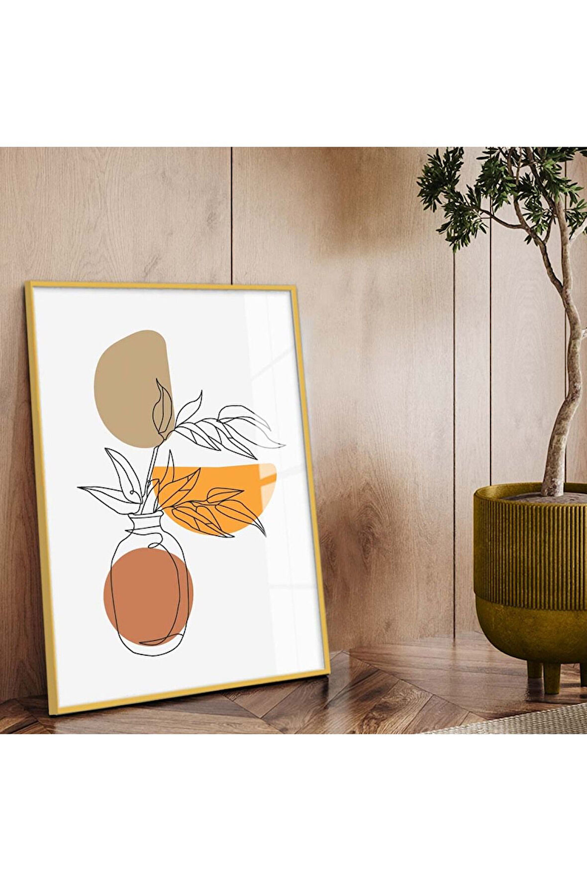 Gold Metal Çerçeveli Kolaj Çizim Soyut Tema Kırılmaz Cam Tablo