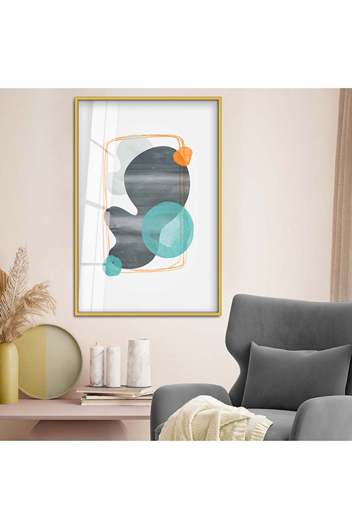 Gümüş Metal Çerçeveli Modern Çizim Soyut Tema Kırılmaz Cam Tablo