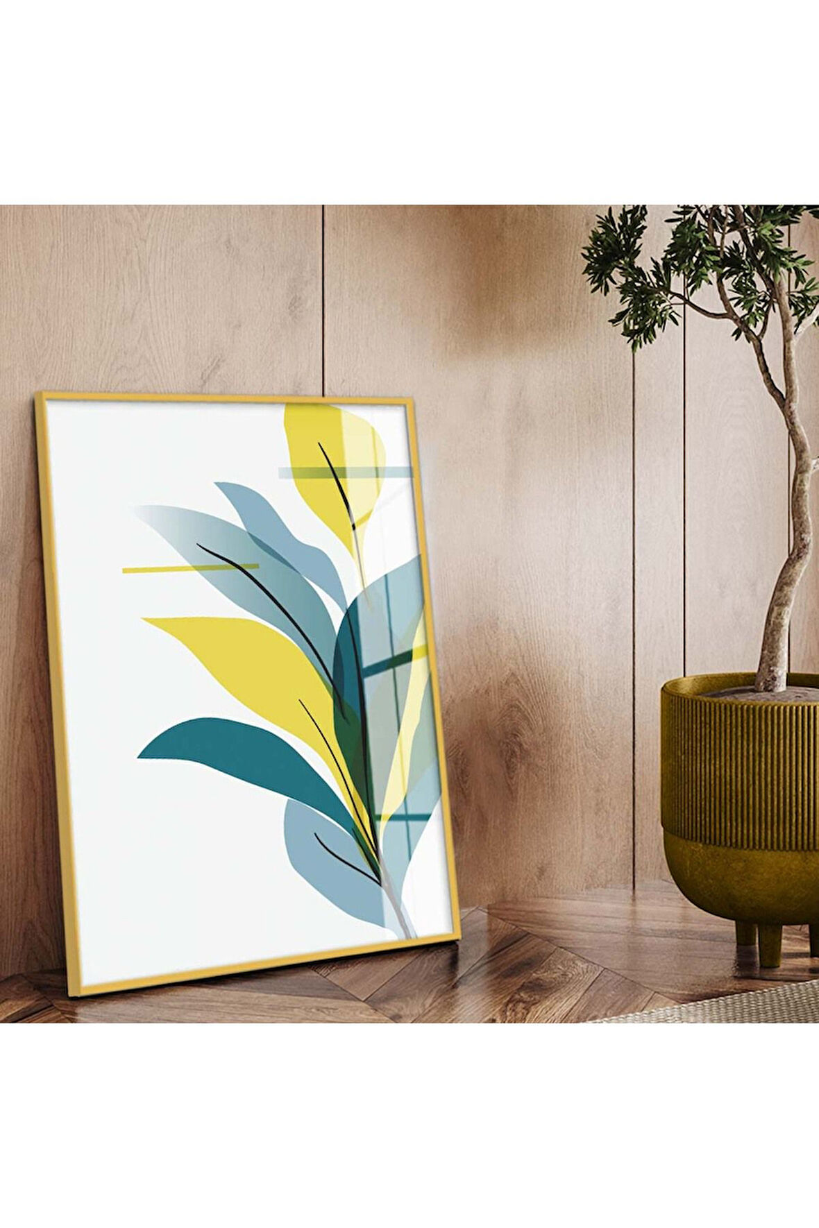 Gold Metal Çerçeveli Modern Çizim Yaprak Kırılmaz Cam Tablo