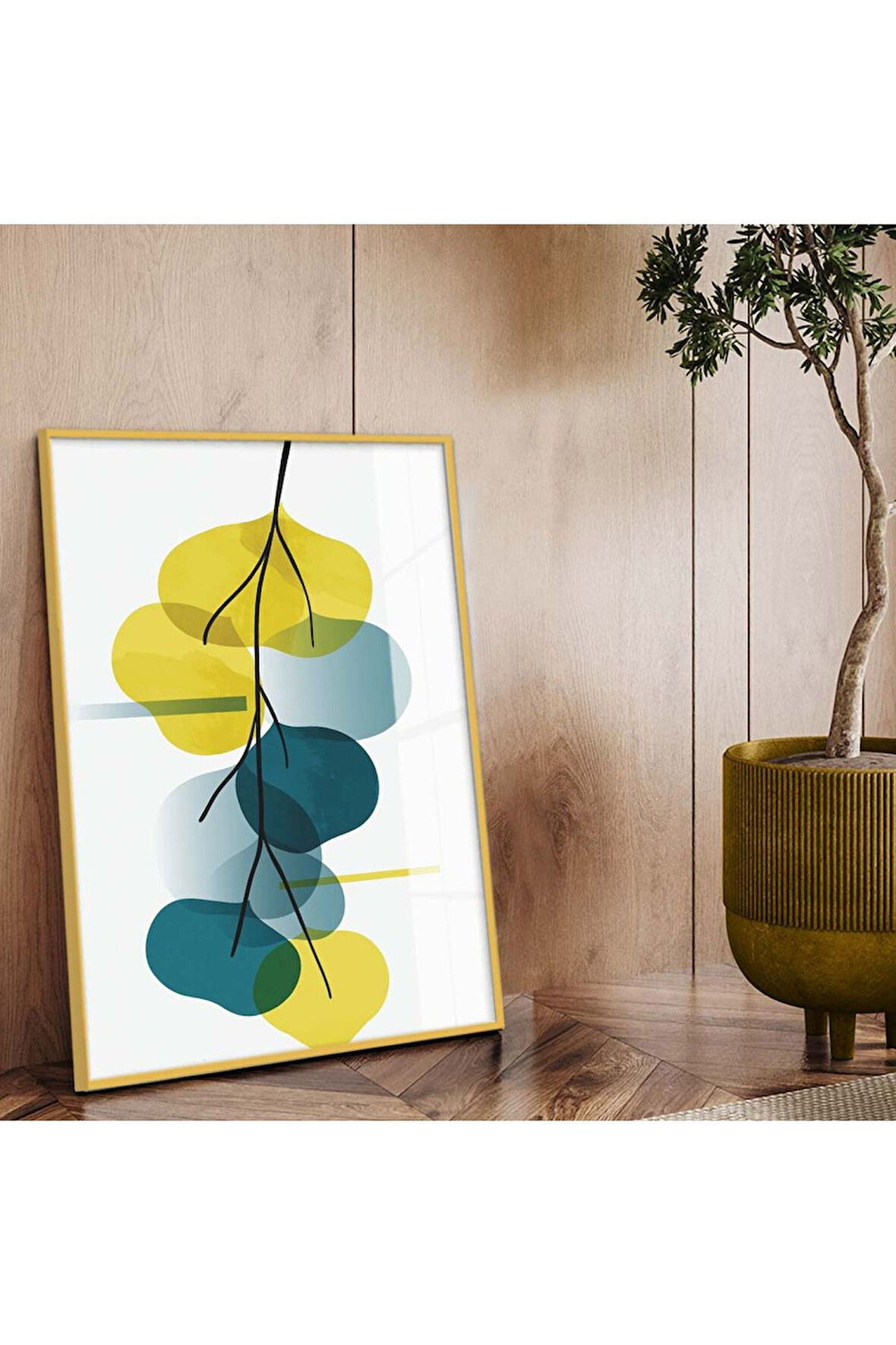 Gold Metal Çerçeveli Modern Çizim Yaprak Kırılmaz Cam Tablo