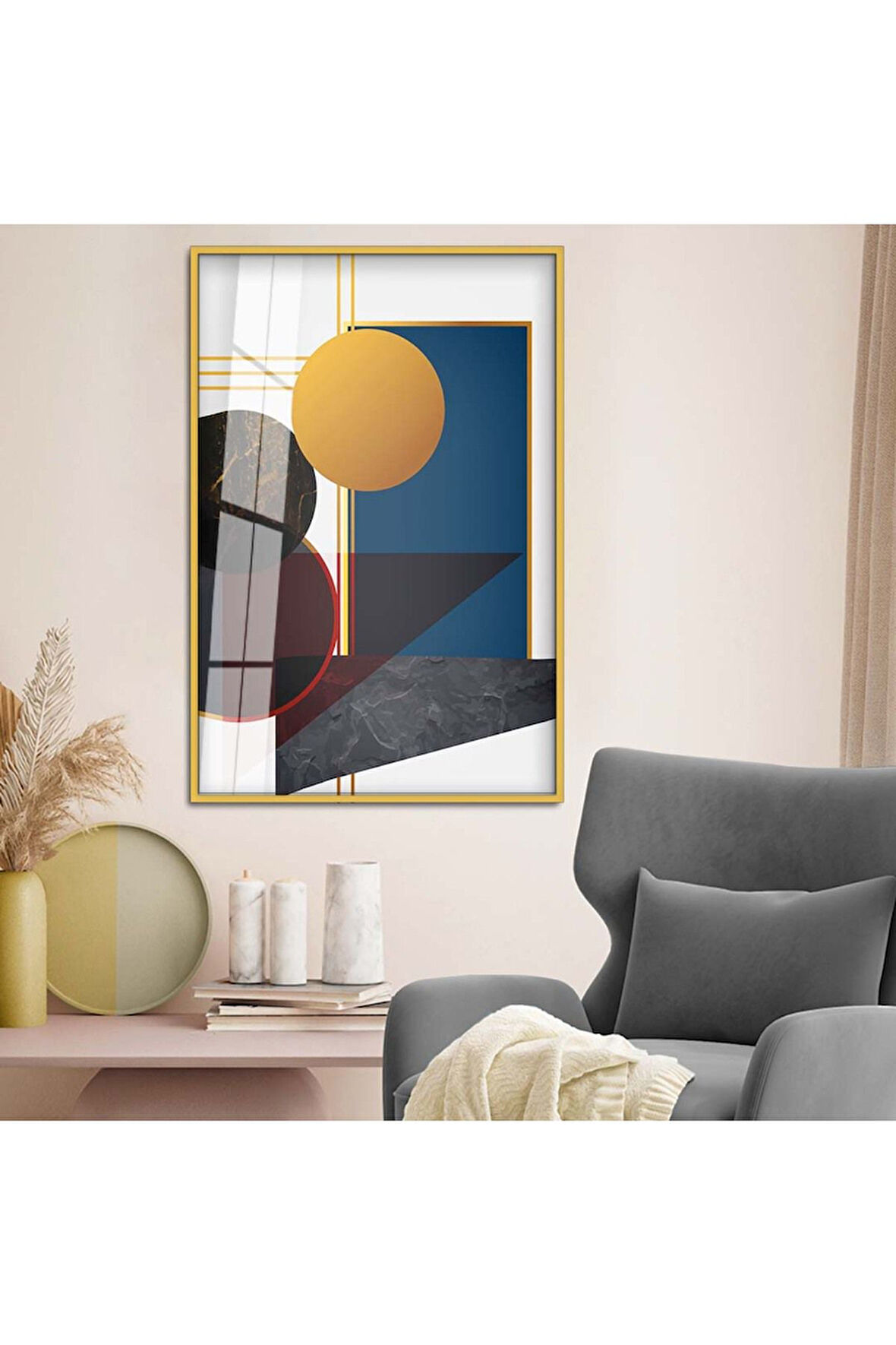 Gümüş Metal Çerçeveli Modern Çizim Geometrik Desen Kırılmaz Cam Tablo