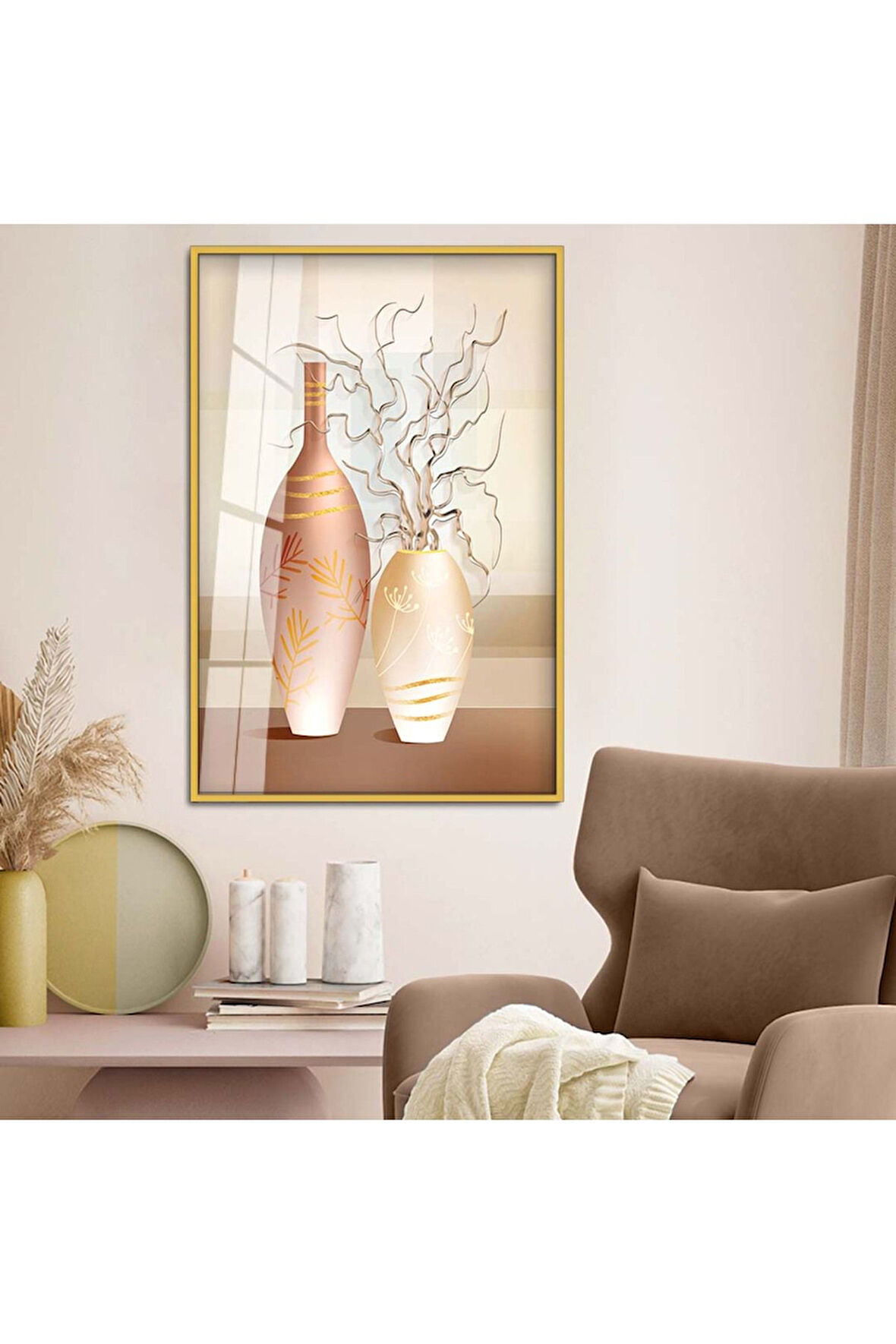 Gümüş Metal Çerçeveli Modern Çizim Vazo Tema Kırılmaz Cam Tablo