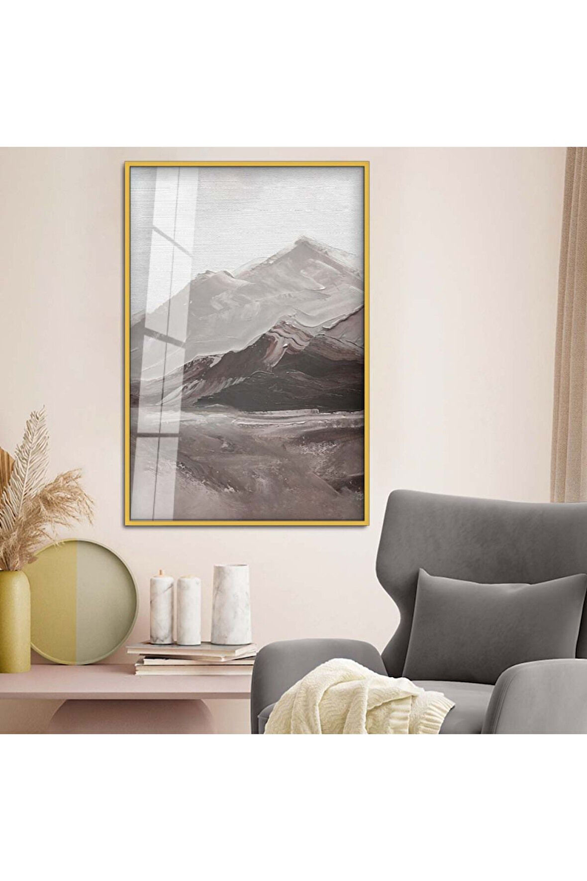 Gümüş Metal Çerçeveli Modern Çizim Dağ Tema Kırılmaz Cam Tablo