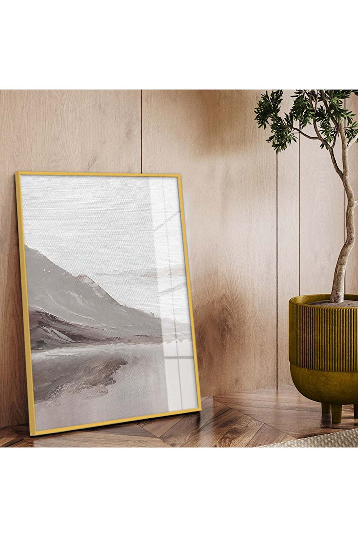 Gold Metal Çerçeveli Modern Çizim Dağ Tema Kırılmaz Cam Tablo