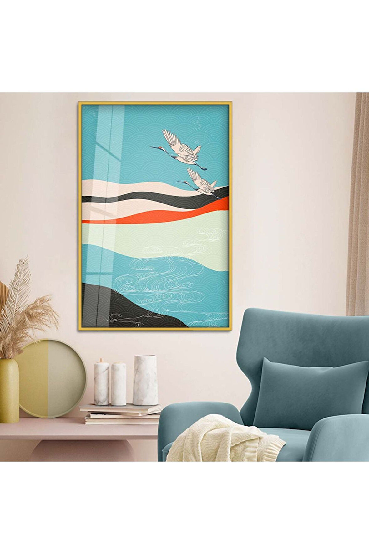 Siyah Metal Çerçeveli Modern Çizim Kuş Figür Kırılmaz Cam Tablo